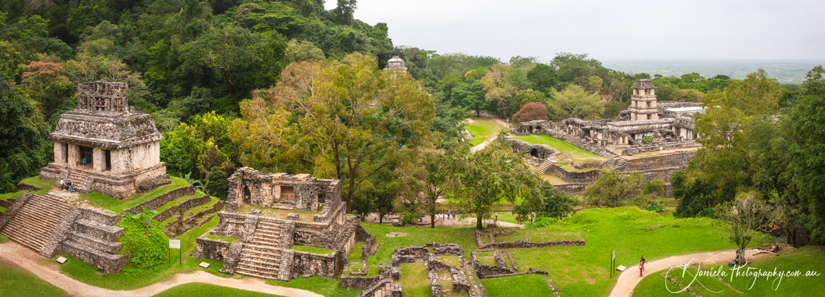 Palenque Panorama ancient Maya City, Temple of the Cross and ancient Palace